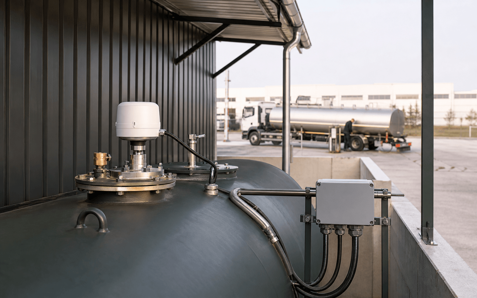 Füllstandsonde und industrielles Gateway an einem gewerblichen Kraftstofftank